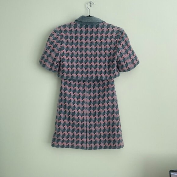 Sandro Amadora Denim Trim Houndstooth Tweed Mini Dress Size 34 - Picture 6 of 10
